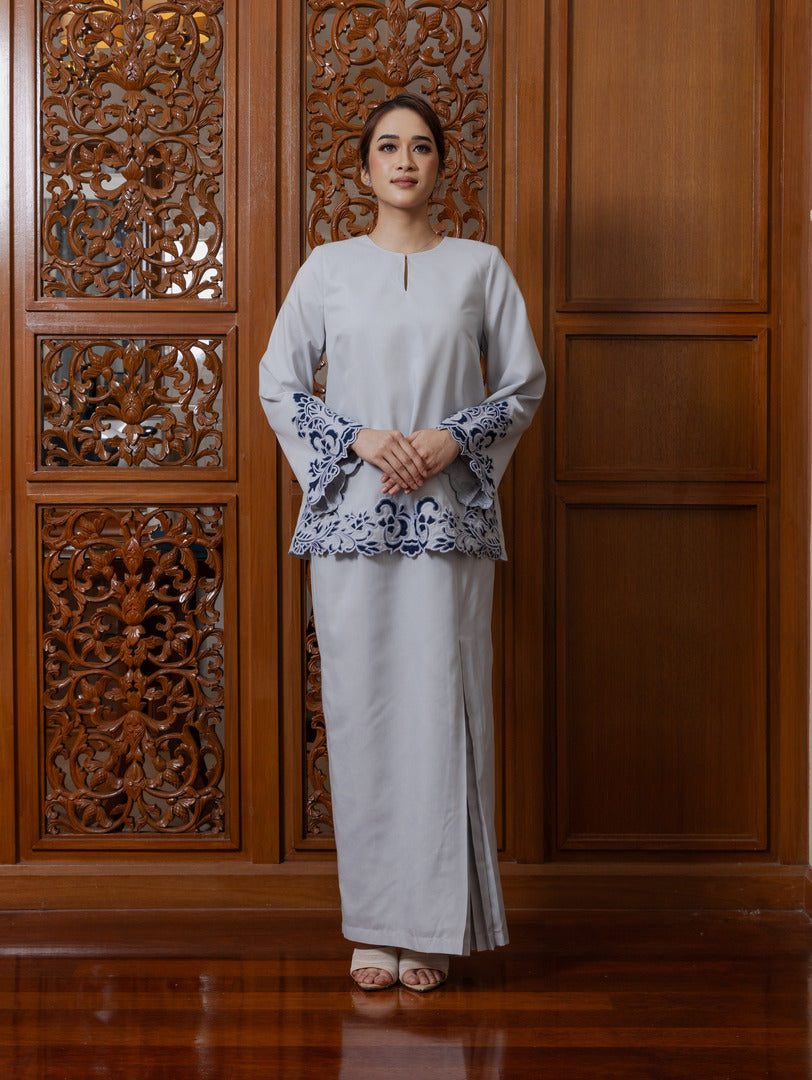 Intan Cotton Embroidery Kurung Kedah - Light Grey