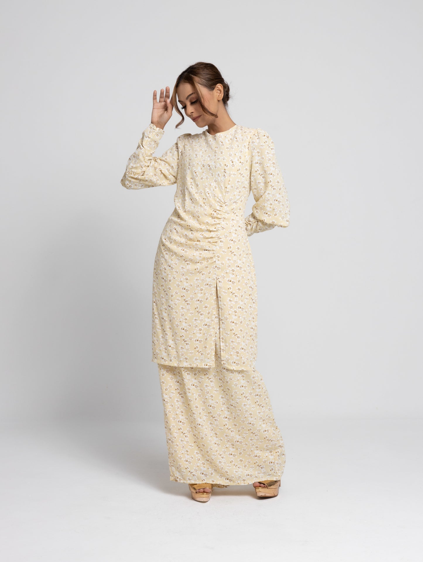 Daisy Puff Sleeves Kurung Modern - Yellow