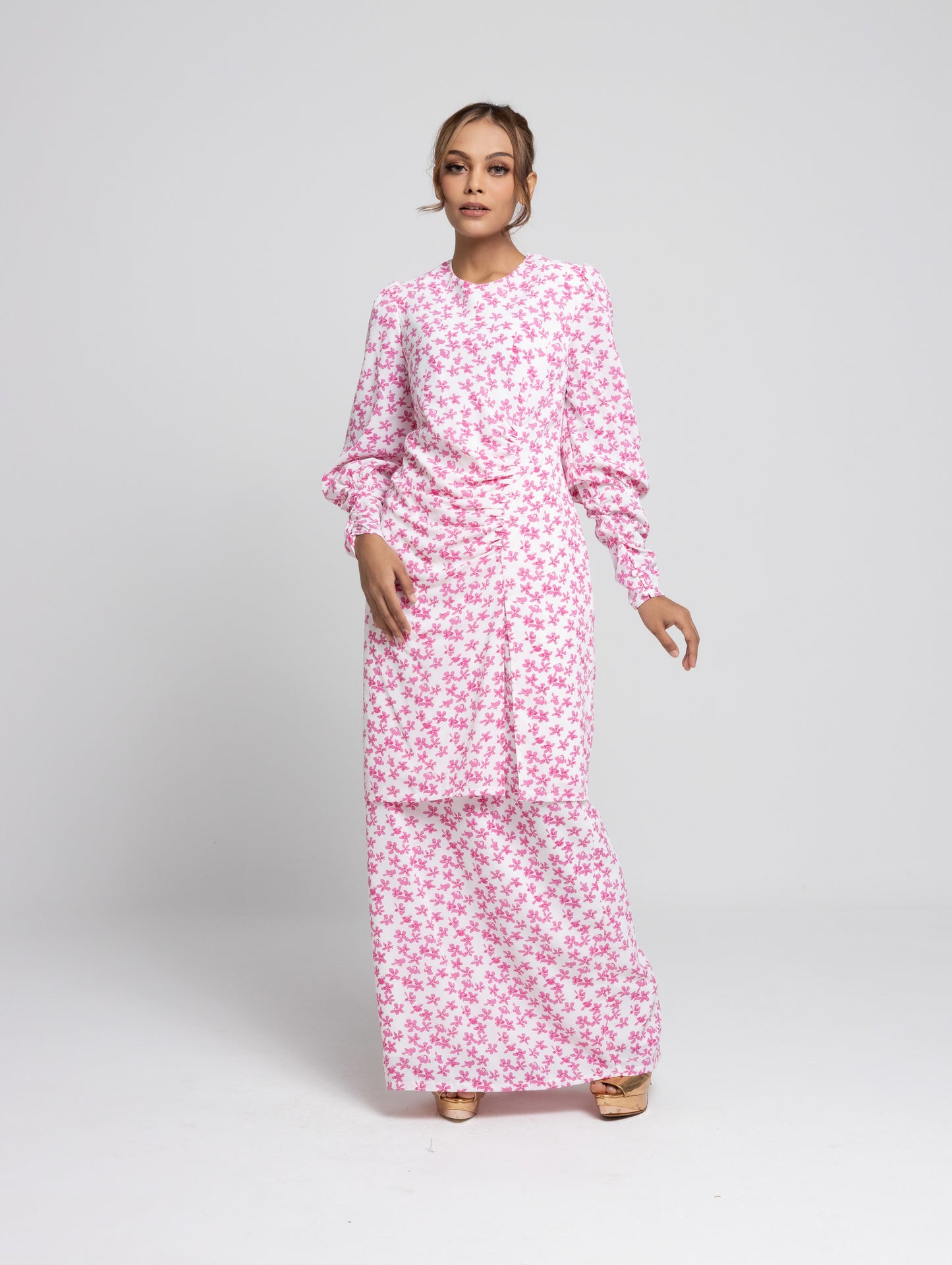 Daisy Puff Sleeves Kurung Modern - Pink