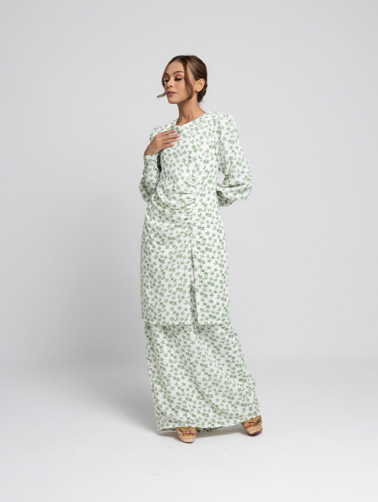 Daisy Puff Sleeves Kurung Modern - Green