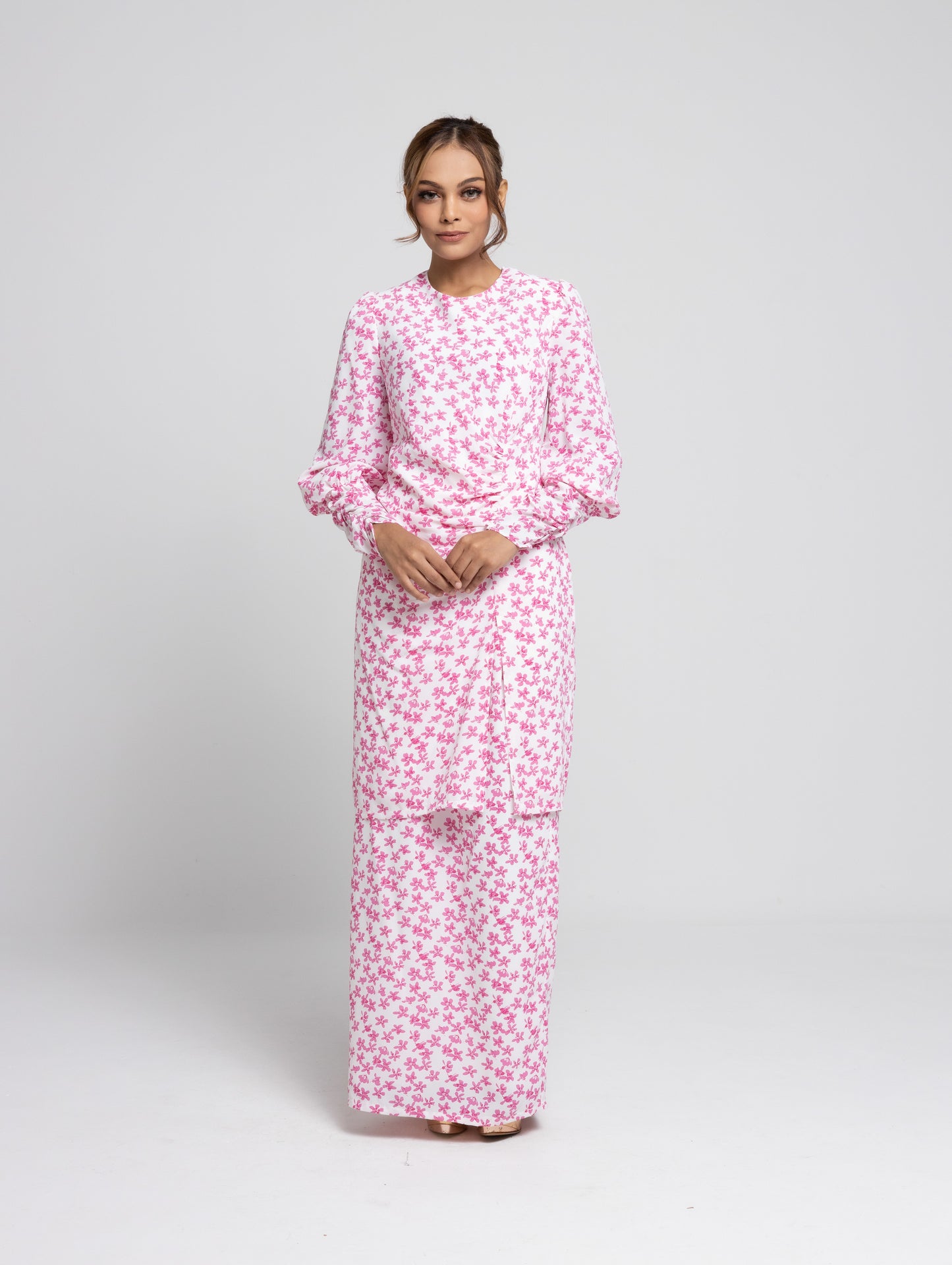 Daisy Puff Sleeves Kurung Modern - Pink