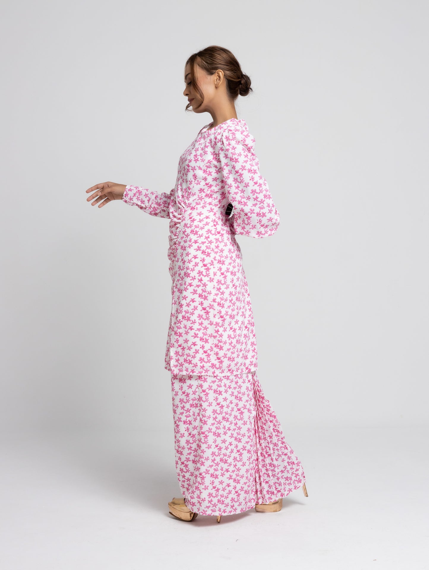 Daisy Puff Sleeves Kurung Modern - Pink