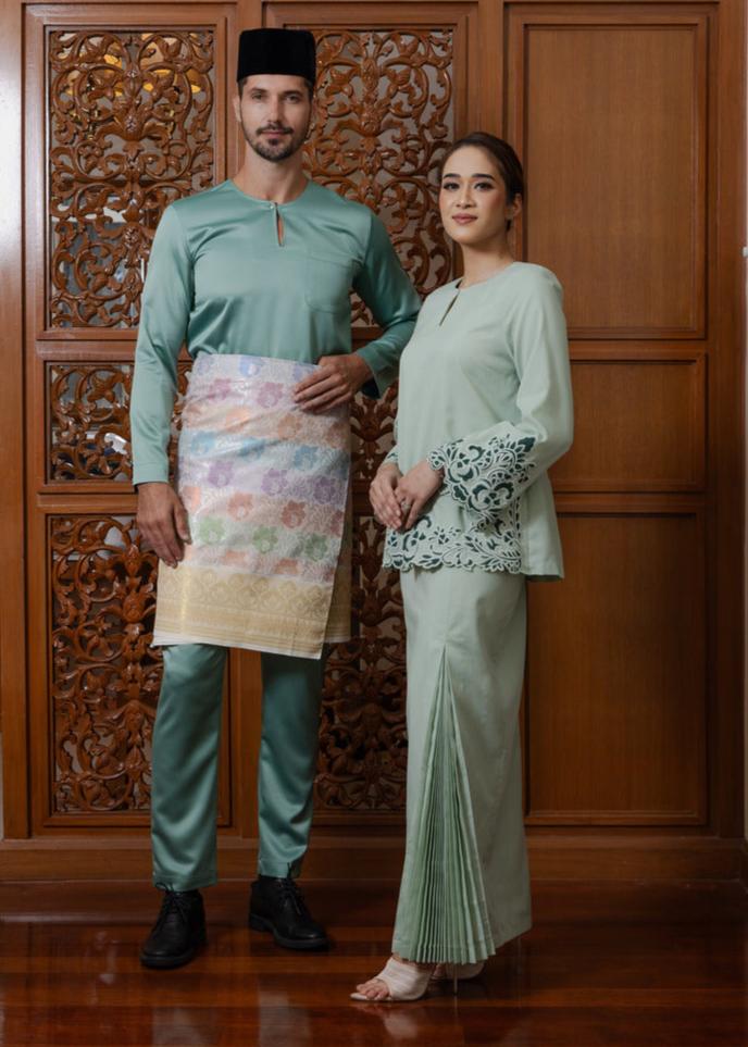 Intan Cotton Embroidery Kurung Kedah - Sage Green