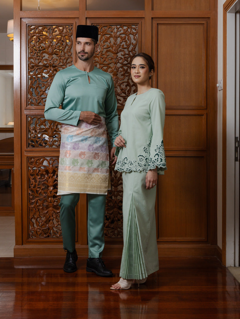 Intan Cotton Embroidery Kurung Kedah - Sage Green