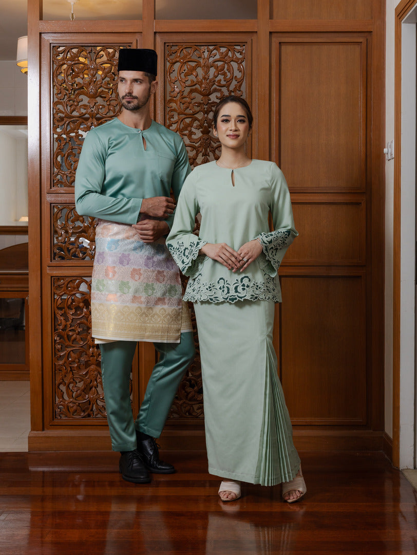 Intan Cotton Embroidery Kurung Kedah - Sage Green