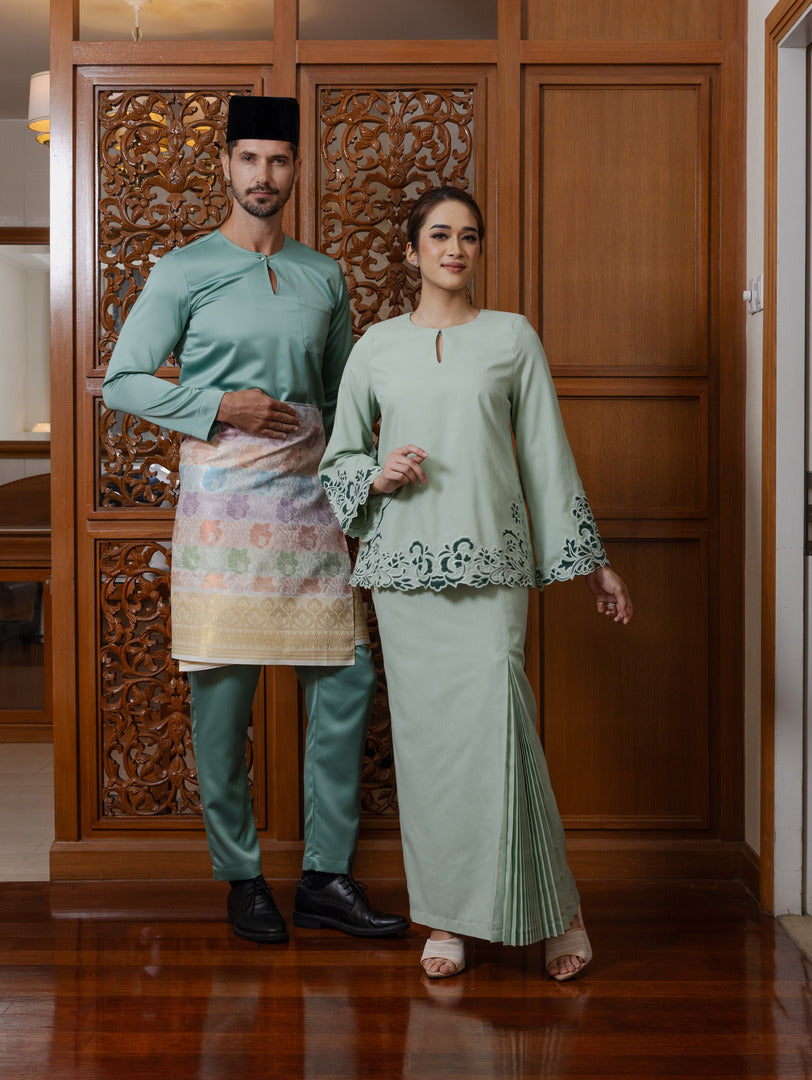 Intan Cotton Embroidery Kurung Kedah - Sage Green