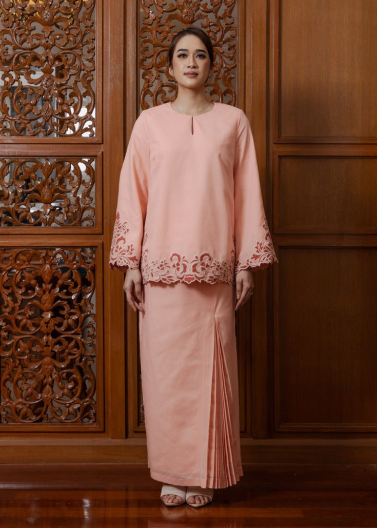Intan Cotton Embroidery Kurung Kedah - Peach Fuzz