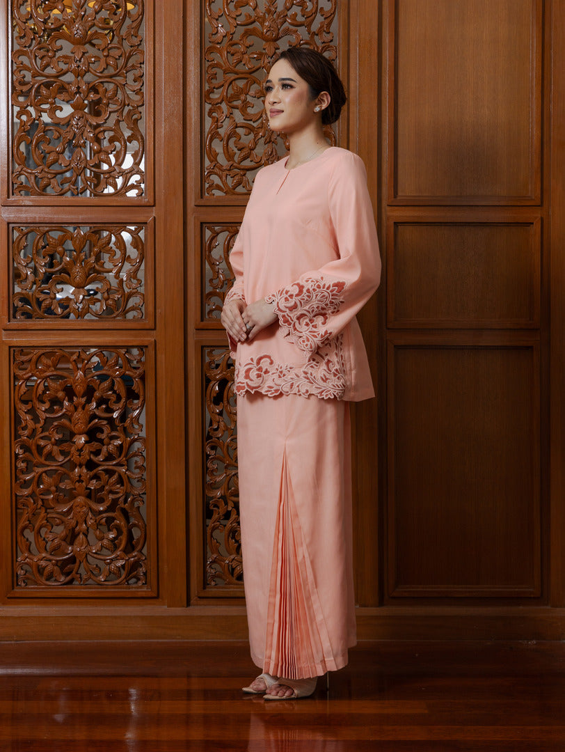 Intan Cotton Embroidery Kurung Kedah - Peach Fuzz