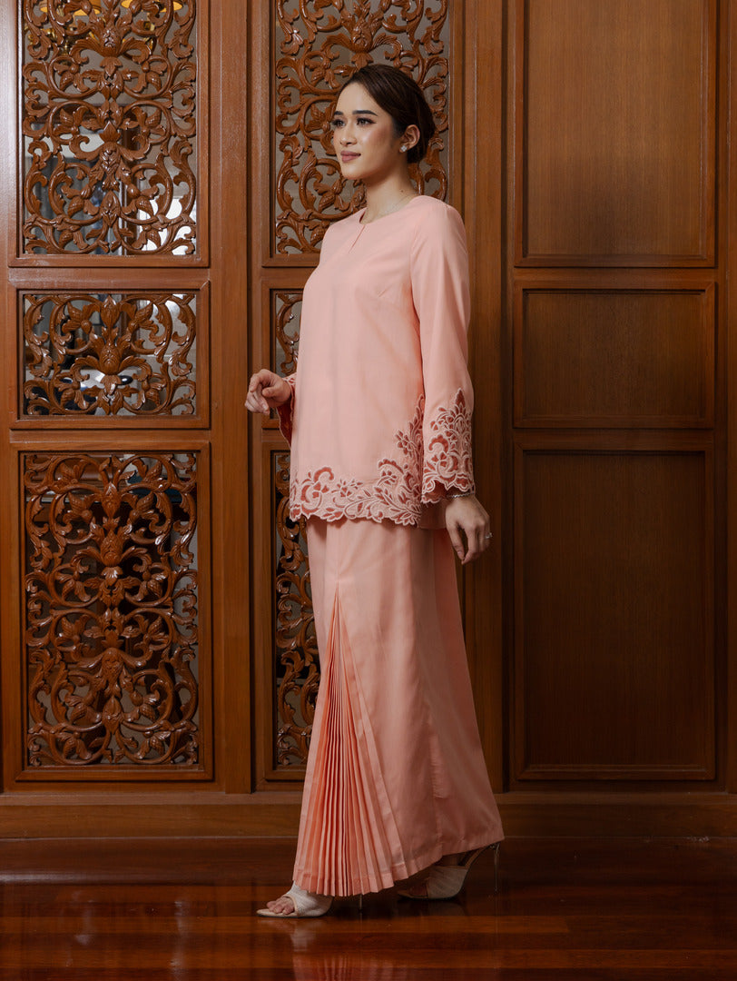 Intan Cotton Embroidery Kurung Kedah - Peach Fuzz