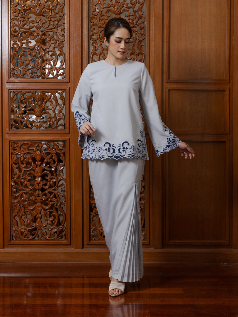 Intan Cotton Embroidery Kurung Kedah - Light Grey