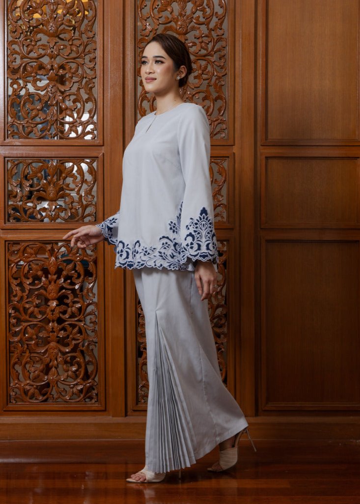 Intan Cotton Embroidery Kurung Kedah - Light Grey