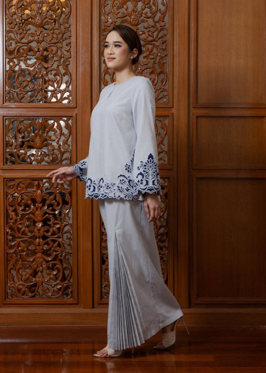 Intan Cotton Embroidery Kurung Kedah - Light Grey