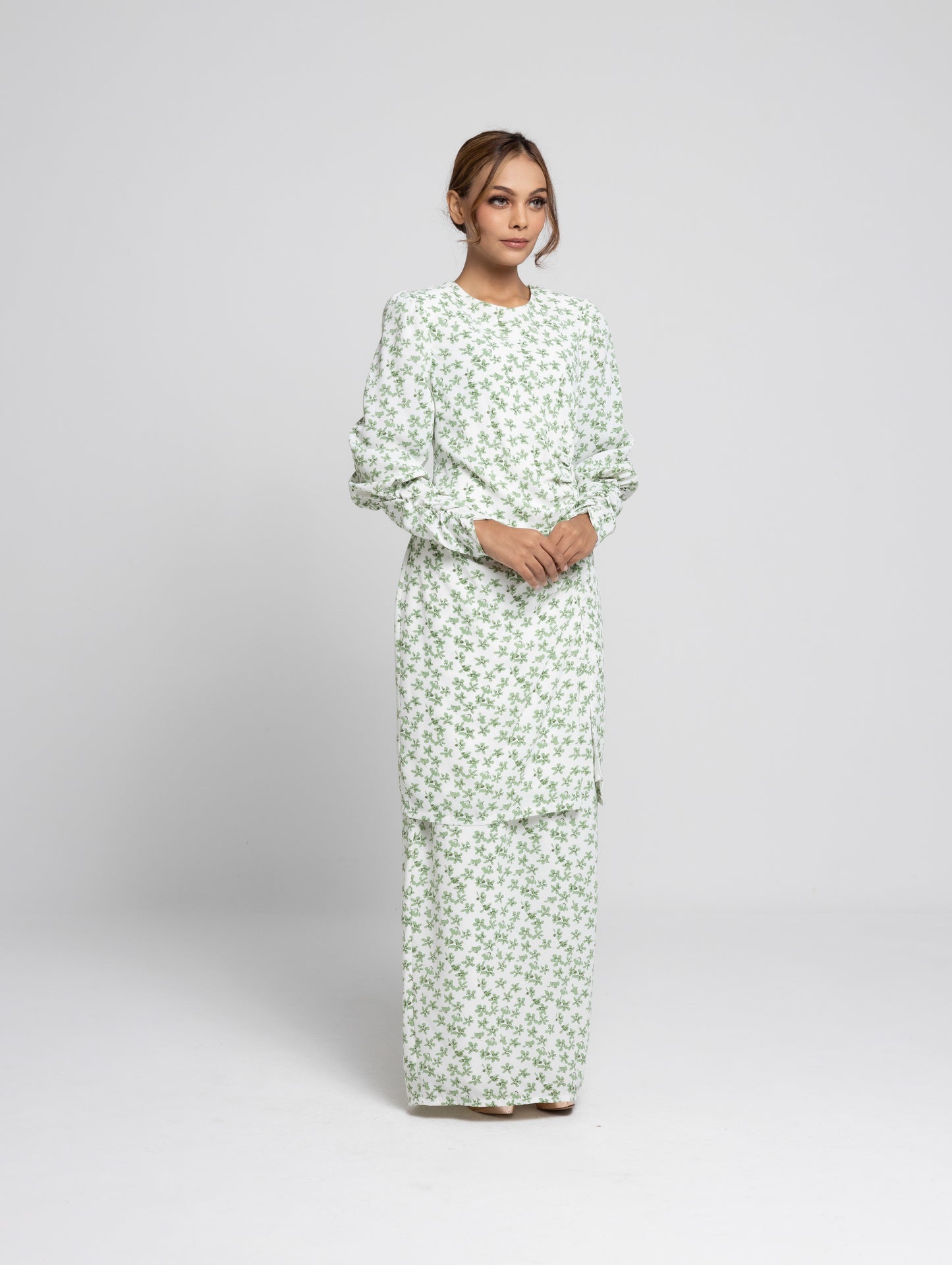 Daisy Puff Sleeves Kurung Modern - Green