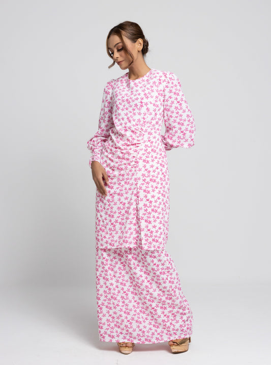 Daisy Puff Sleeves Kurung Modern - Pink
